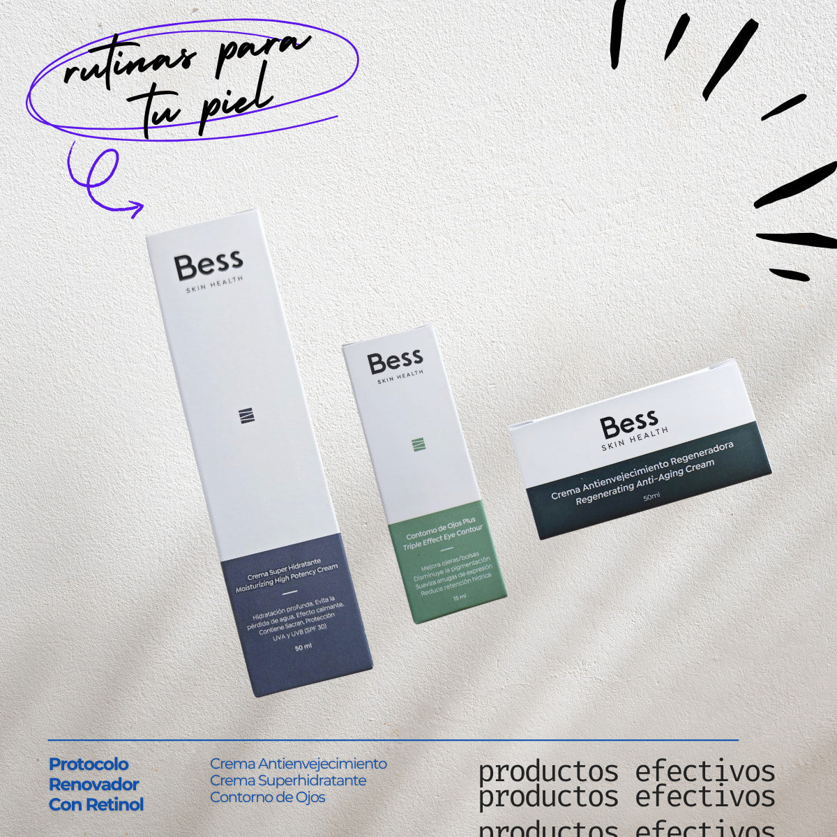 Transforma tu piel con nuestro protocolo renovador de 3 pasos a base de retinol, diseñado para alisar, iluminar y rejuvenecer visiblemente.