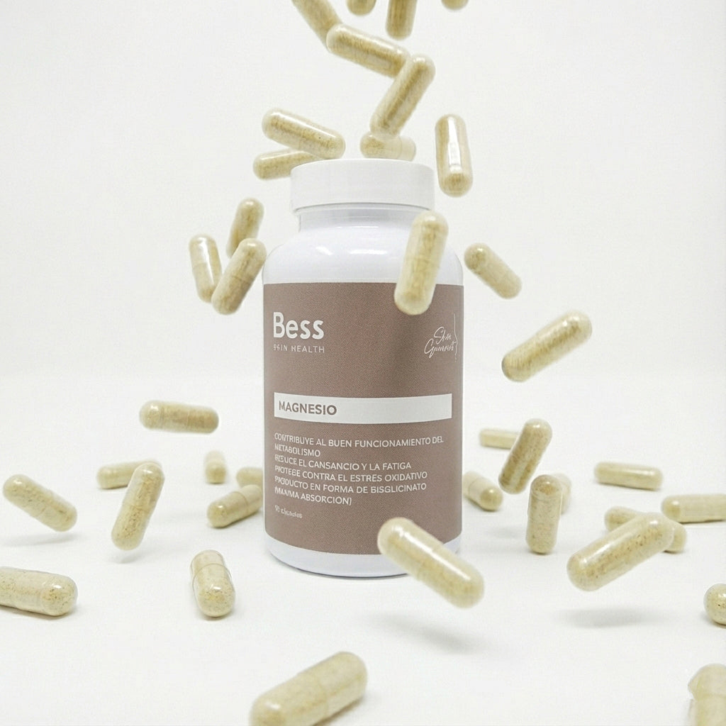 Complemento nutricosmética con bisglicinato de magnesio que contribuye al buen funcionamiento del metabolismo. Reduce el cansancio y l a fatiga y protege contra el estrés oxidativo. Máxima absorción