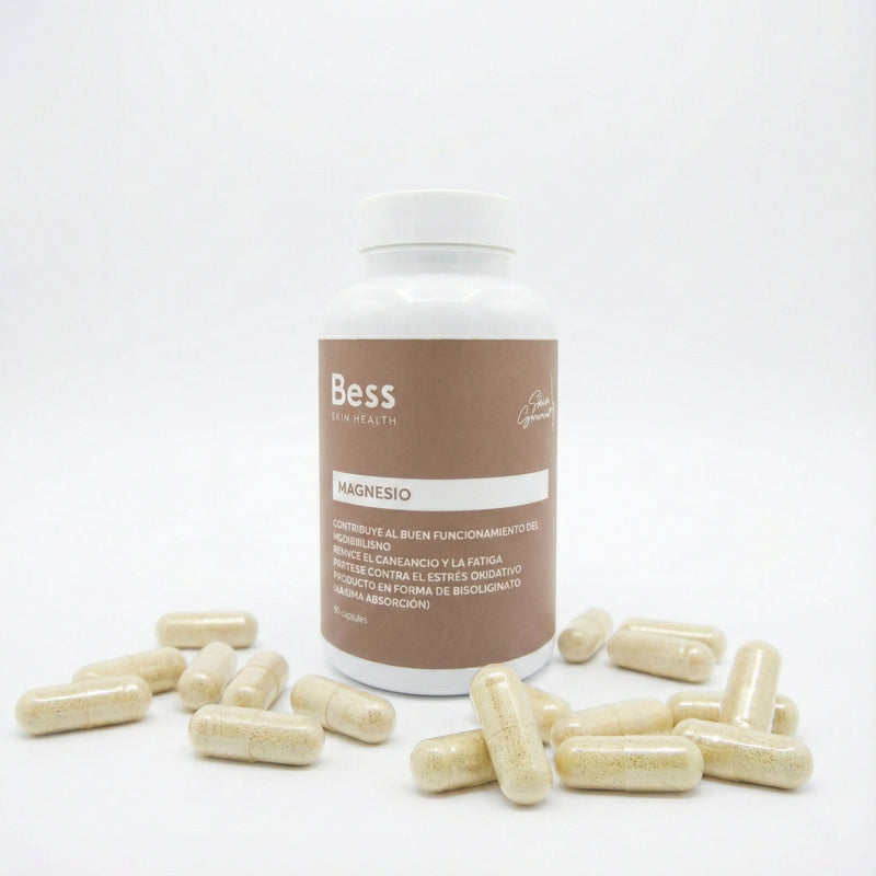 Complemento nutricosmética con bisglicinato de magnesio que contribuye al buen funcionamiento del metabolismo. Reduce el cansancio y l a fatiga y protege contra el estrés oxidativo. Máxima absorción