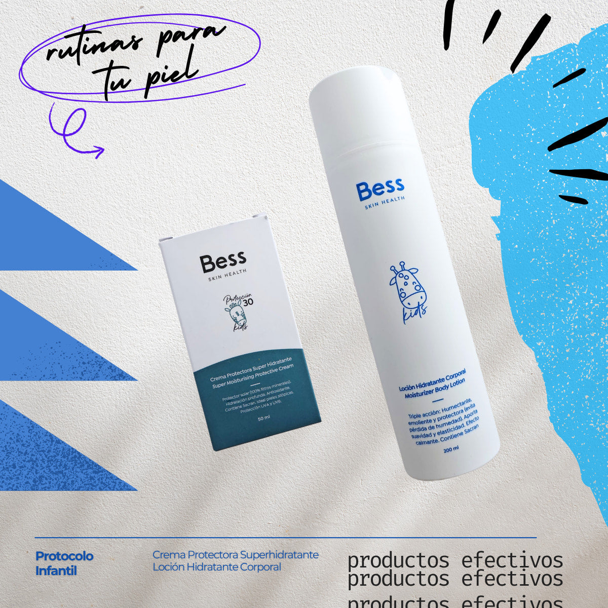 Rutina que ofrece la máxima capacidad de hidratación para cubrir todas las necesidades de la piel de los niños, antes de la exposición solar y después para recuperar y nutrir la piel
