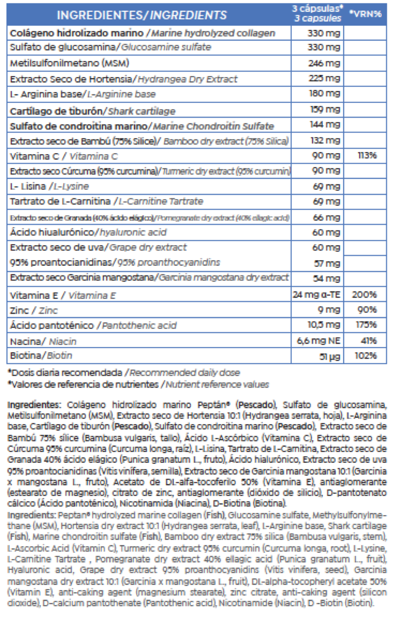 Tabla de valores nutricionales Bess Skin Health